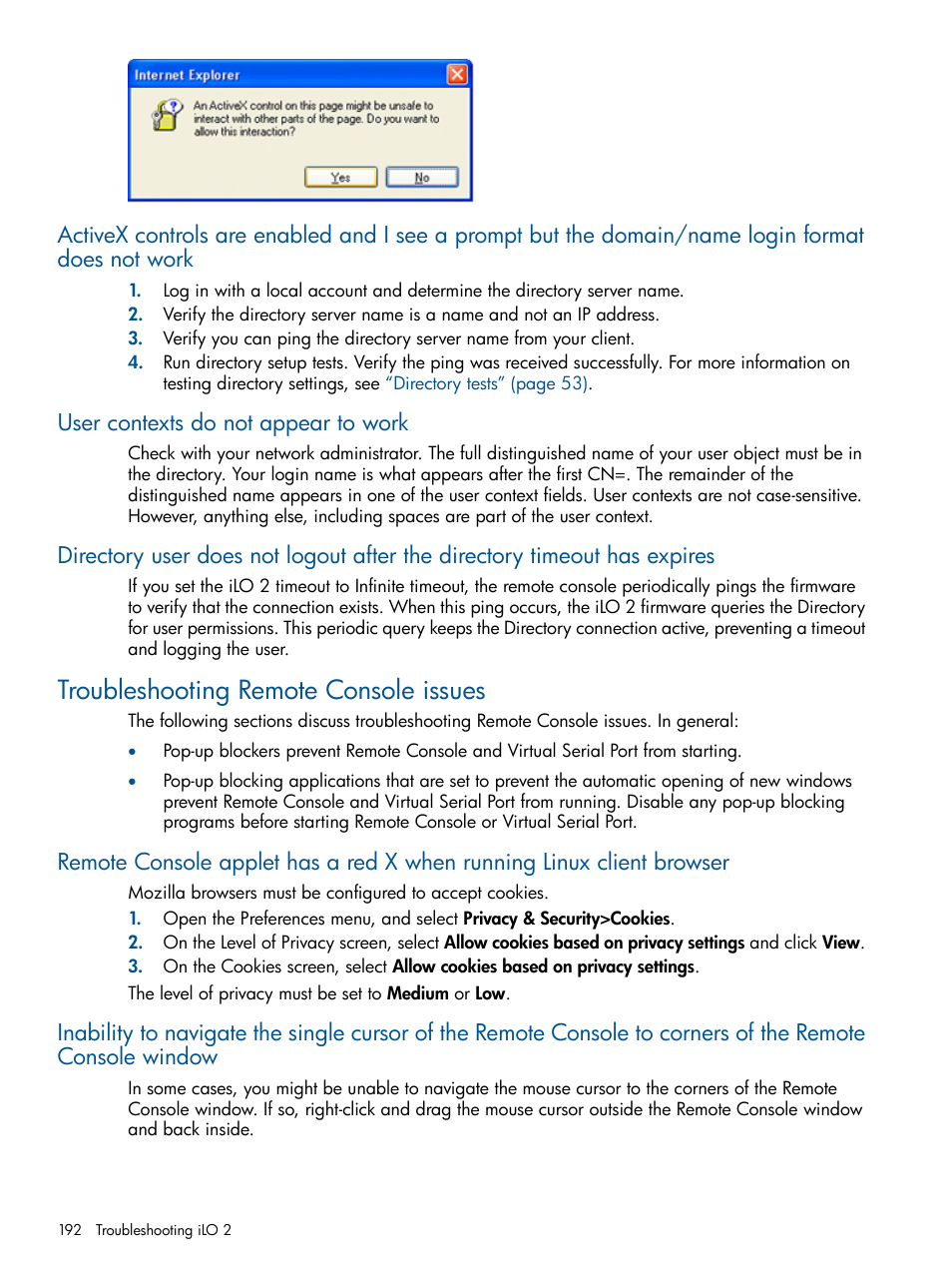 User contexts do not appear to work, Troubleshooting remote console issues | HP Integrated Lights-Out 2 User Manual | Page 192 / 224