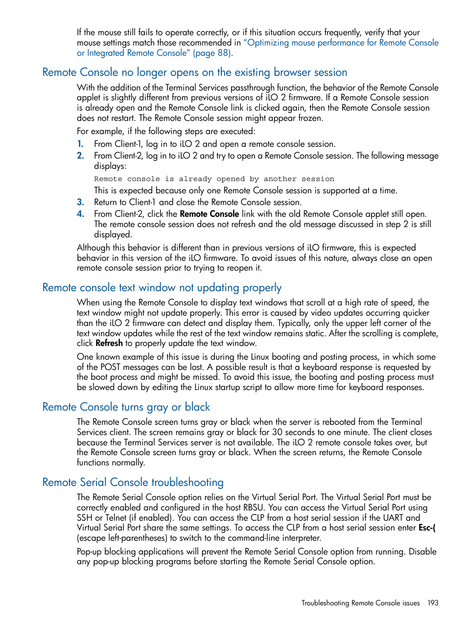 Remote console text window not updating properly, Remote console turns gray or black, Remote serial console troubleshooting | HP Integrated Lights-Out 2 User Manual | Page 193 / 224