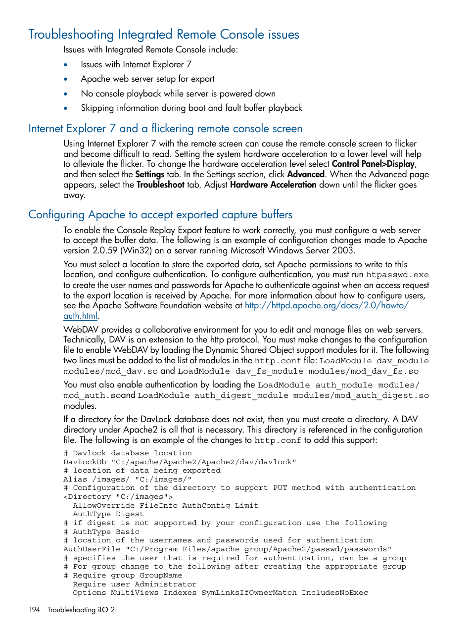 Troubleshooting integrated remote console issues, Configuring apache to accept exported capture | HP Integrated Lights-Out 2 User Manual | Page 194 / 224