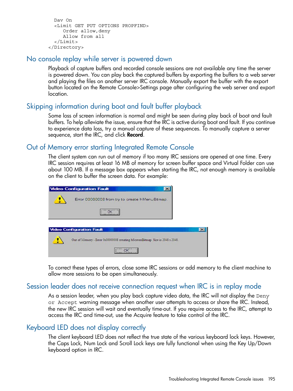 No console replay while server is powered down, Keyboard led does not display correctly | HP Integrated Lights-Out 2 User Manual | Page 195 / 224