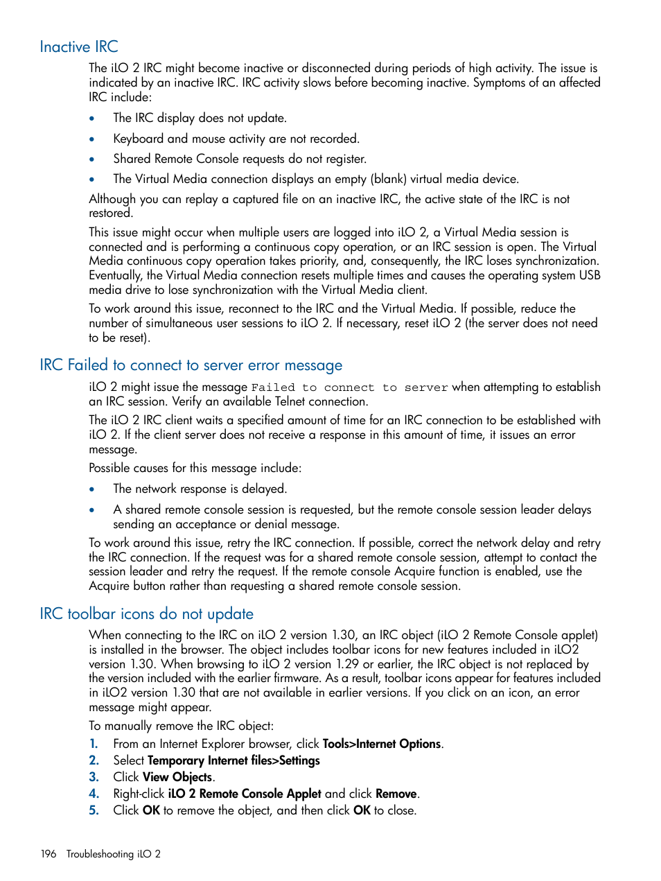 Inactive irc, Irc failed to connect to server error message, Irc toolbar icons do not update | HP Integrated Lights-Out 2 User Manual | Page 196 / 224