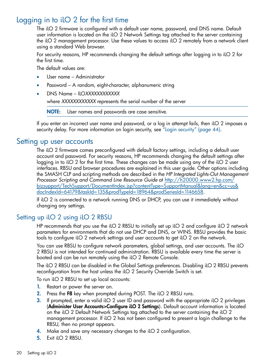 Logging in to ilo 2 for the first time, Setting up user accounts, Setting up ilo 2 using ilo 2 rbsu | HP Integrated Lights-Out 2 User Manual | Page 20 / 224