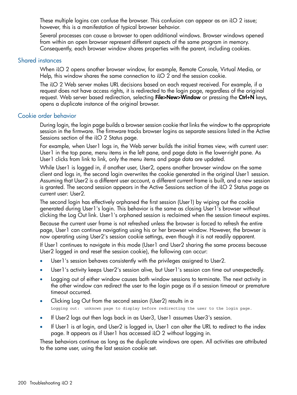 Shared instances, Cookie order behavior, Shared instances cookie order behavior | HP Integrated Lights-Out 2 User Manual | Page 200 / 224