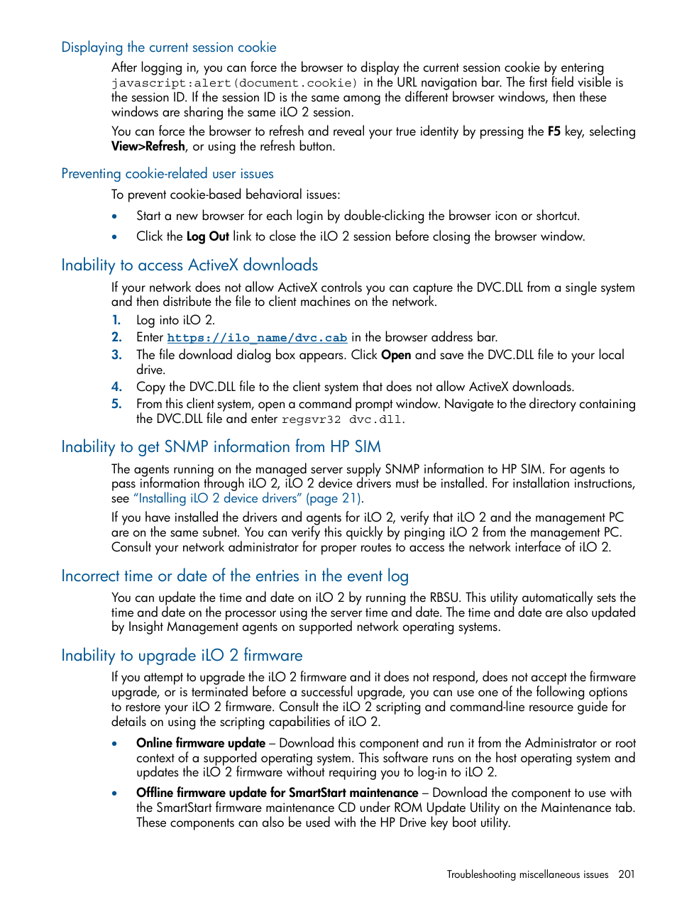 Displaying the current session cookie, Preventing cookie-related user issues, Inability to access activex downloads | Inability to get snmp information from hp sim, Inability to upgrade ilo 2 firmware | HP Integrated Lights-Out 2 User Manual | Page 201 / 224