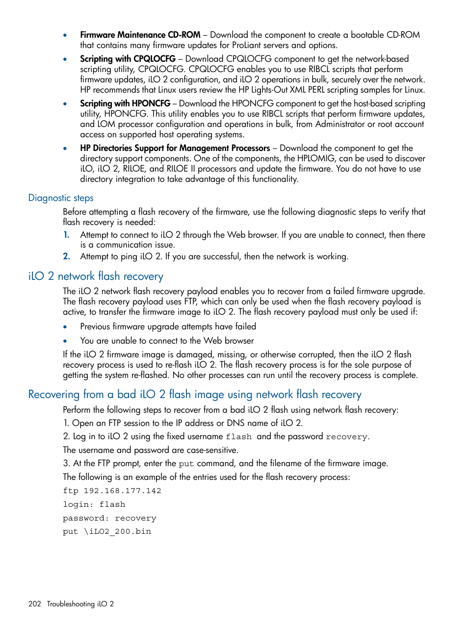 Diagnostic steps, Ilo 2 network flash recovery | HP Integrated Lights-Out 2 User Manual | Page 202 / 224