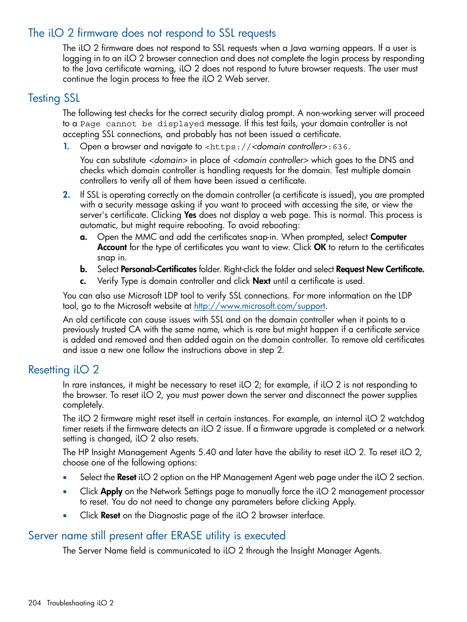 Testing ssl, Resetting ilo 2 | HP Integrated Lights-Out 2 User Manual | Page 204 / 224