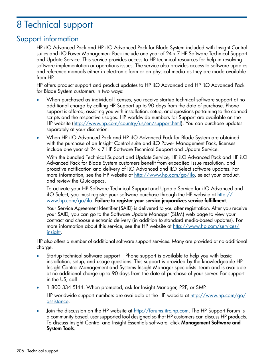 8 technical support, Support information | HP Integrated Lights-Out 2 User Manual | Page 206 / 224