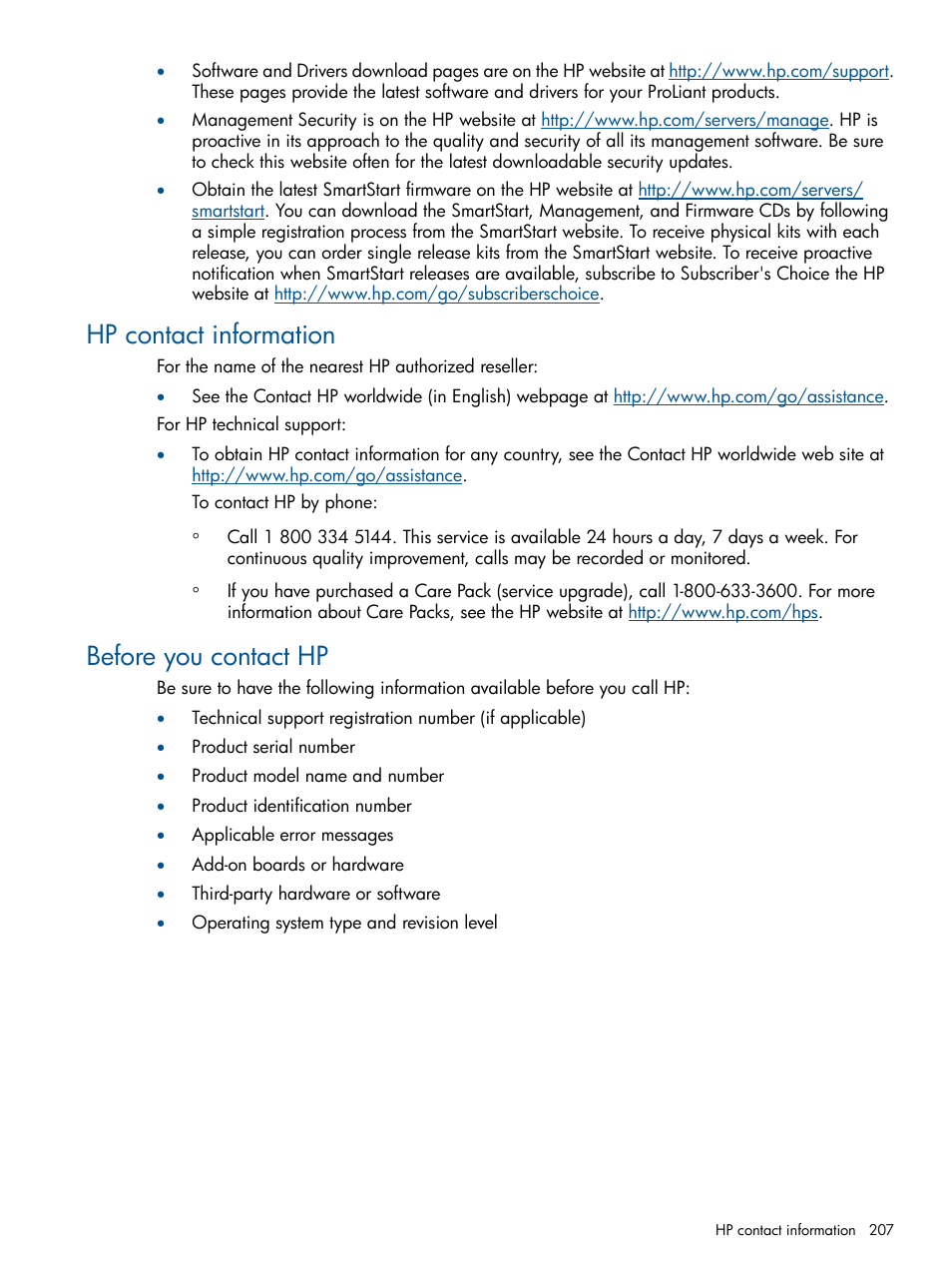 Hp contact information, Before you contact hp, Hp contact information before you contact hp | HP Integrated Lights-Out 2 User Manual | Page 207 / 224