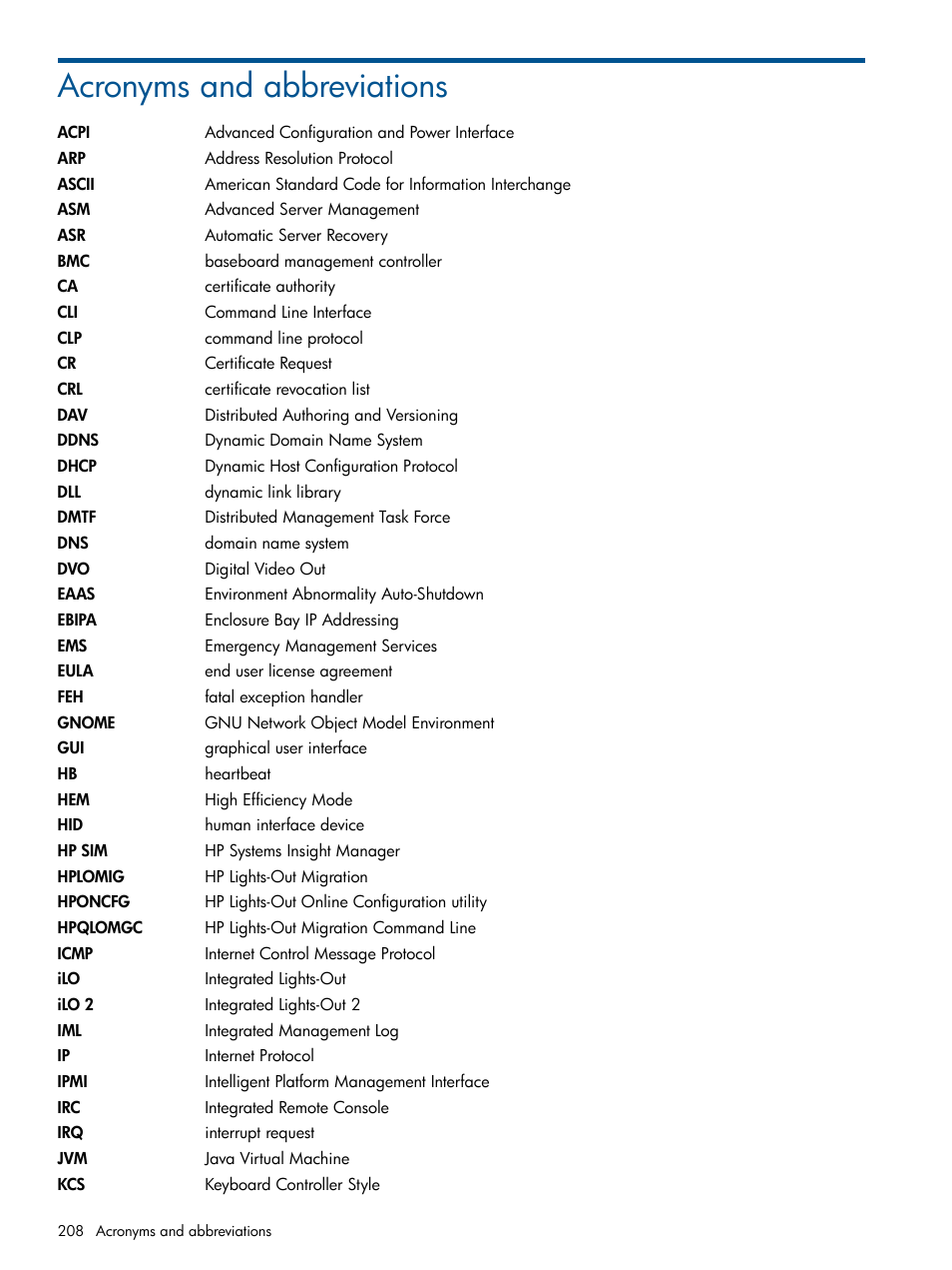 Acronyms and abbreviations | HP Integrated Lights-Out 2 User Manual | Page 208 / 224