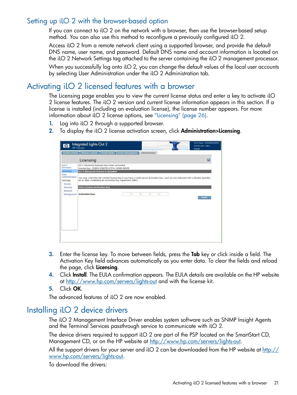 Setting up ilo 2 with the browser-based option, Activating ilo 2 licensed features with a browser, Installing ilo 2 device drivers | HP Integrated Lights-Out 2 User Manual | Page 21 / 224