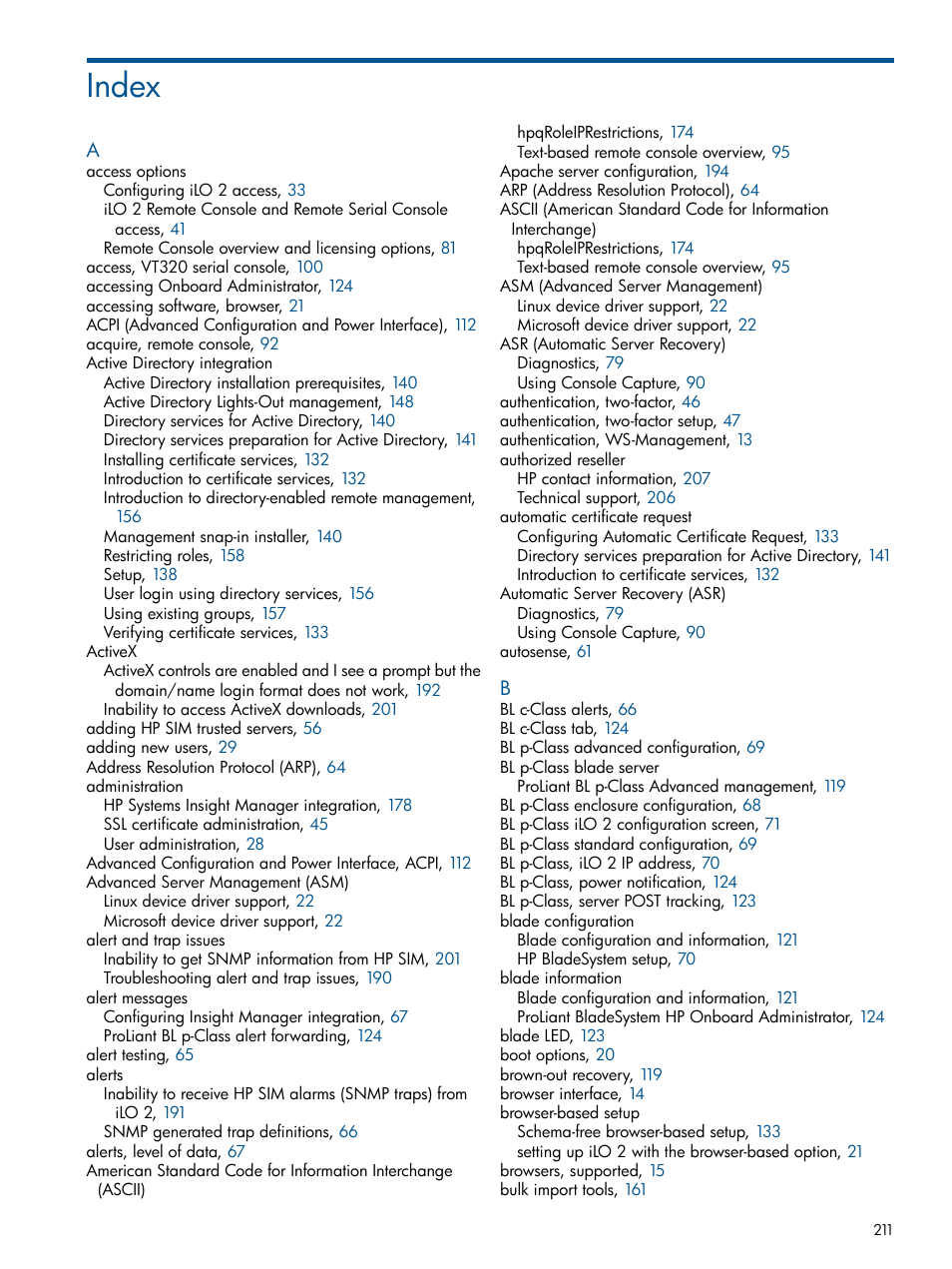 Index | HP Integrated Lights-Out 2 User Manual | Page 211 / 224