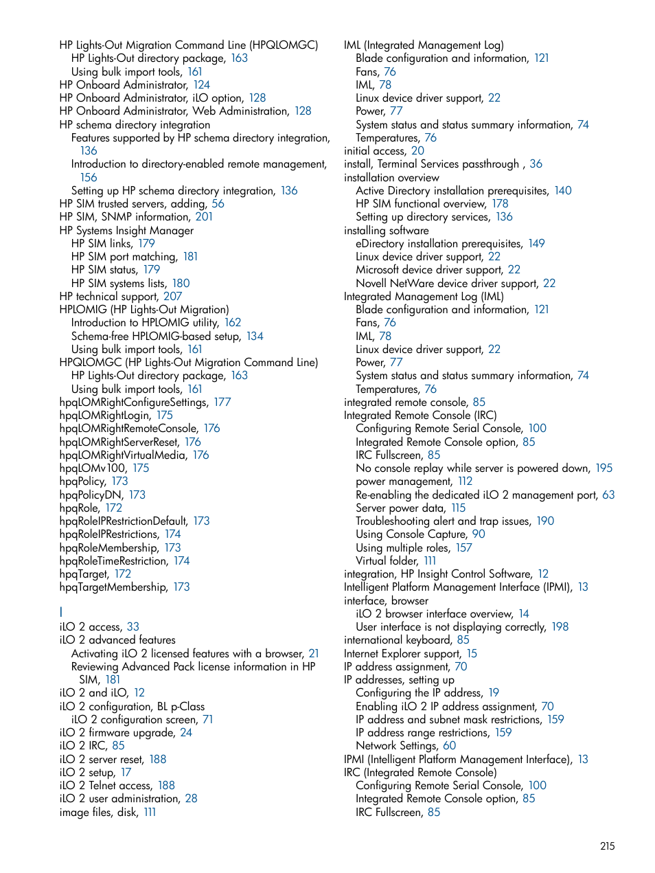 HP Integrated Lights-Out 2 User Manual | Page 215 / 224