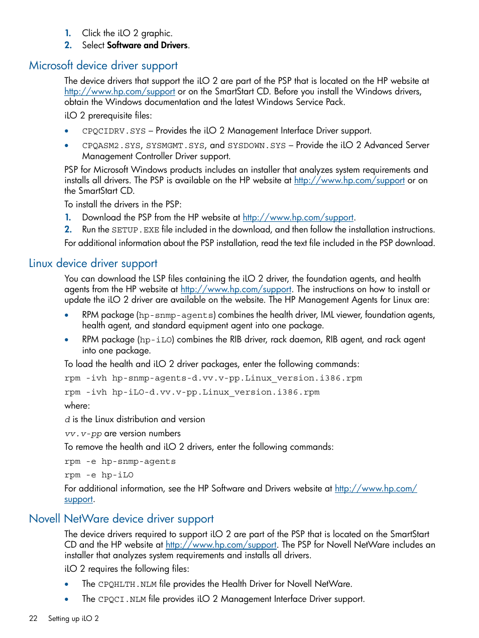 Microsoft device driver support, Linux device driver support, Novell netware device driver support | HP Integrated Lights-Out 2 User Manual | Page 22 / 224