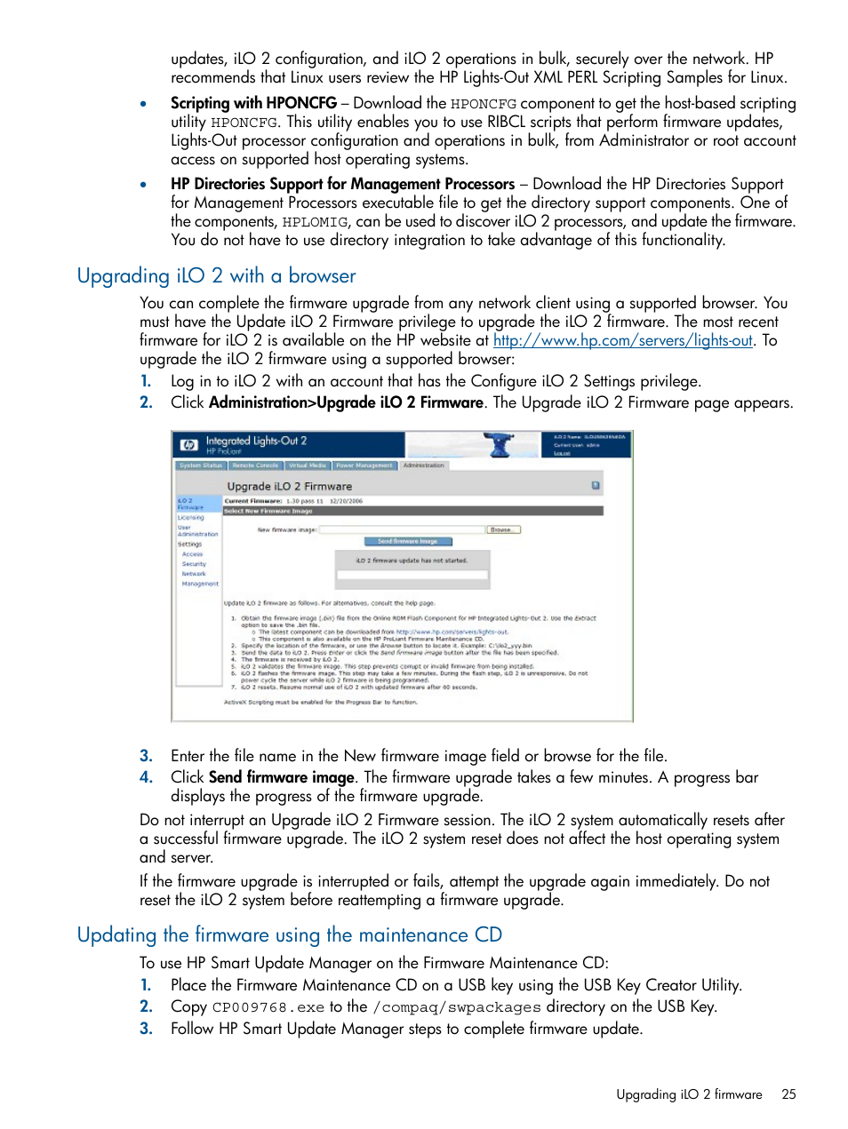 Upgrading ilo 2 with a browser, Updating the firmware using the maintenance cd | HP Integrated Lights-Out 2 User Manual | Page 25 / 224