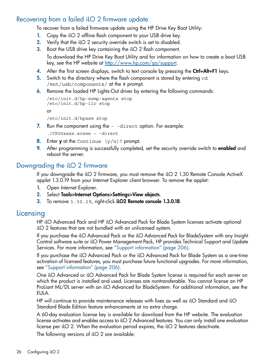 Recovering from a failed ilo 2 firmware update, Downgrading the ilo 2 firmware, Licensing | HP Integrated Lights-Out 2 User Manual | Page 26 / 224