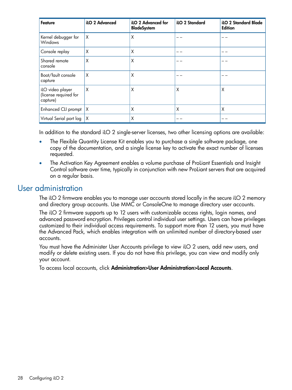 User administration | HP Integrated Lights-Out 2 User Manual | Page 28 / 224