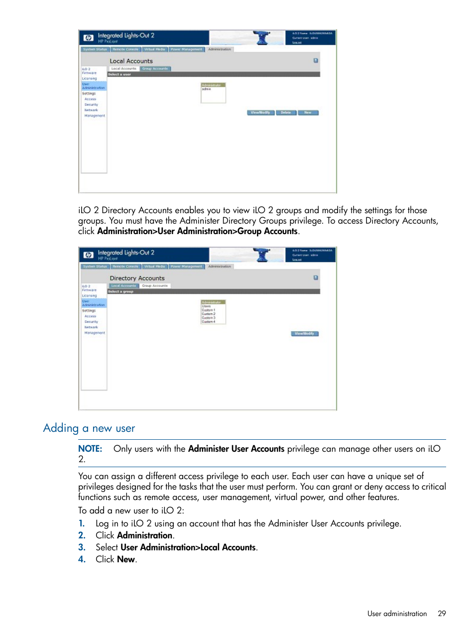 Adding a new user | HP Integrated Lights-Out 2 User Manual | Page 29 / 224