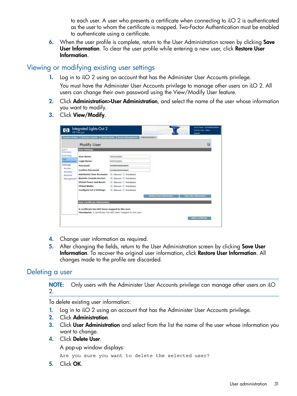 Viewing or modifying existing user settings, Deleting a user | HP Integrated Lights-Out 2 User Manual | Page 31 / 224