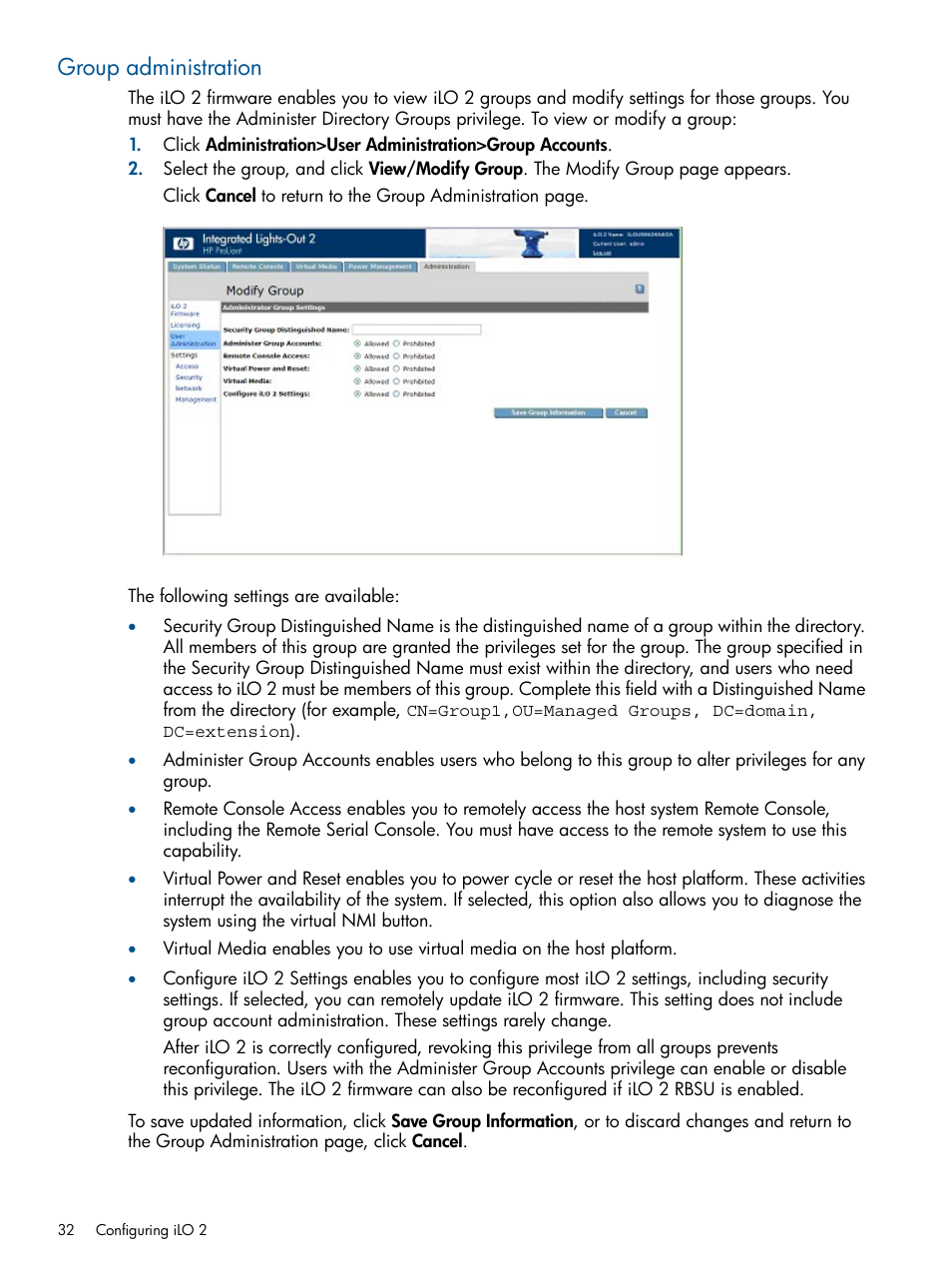 Group administration | HP Integrated Lights-Out 2 User Manual | Page 32 / 224