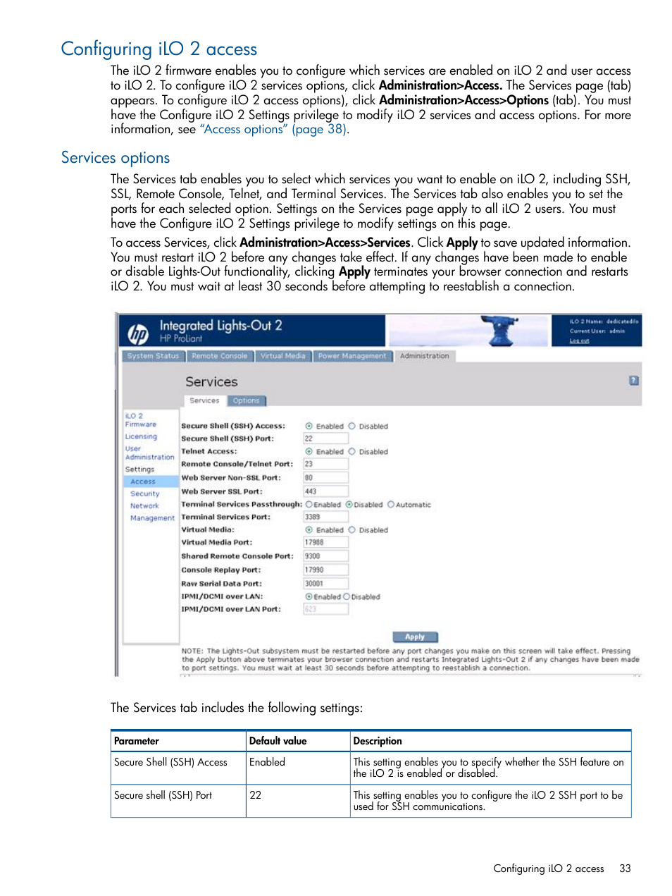 Configuring ilo 2 access, Services options | HP Integrated Lights-Out 2 User Manual | Page 33 / 224