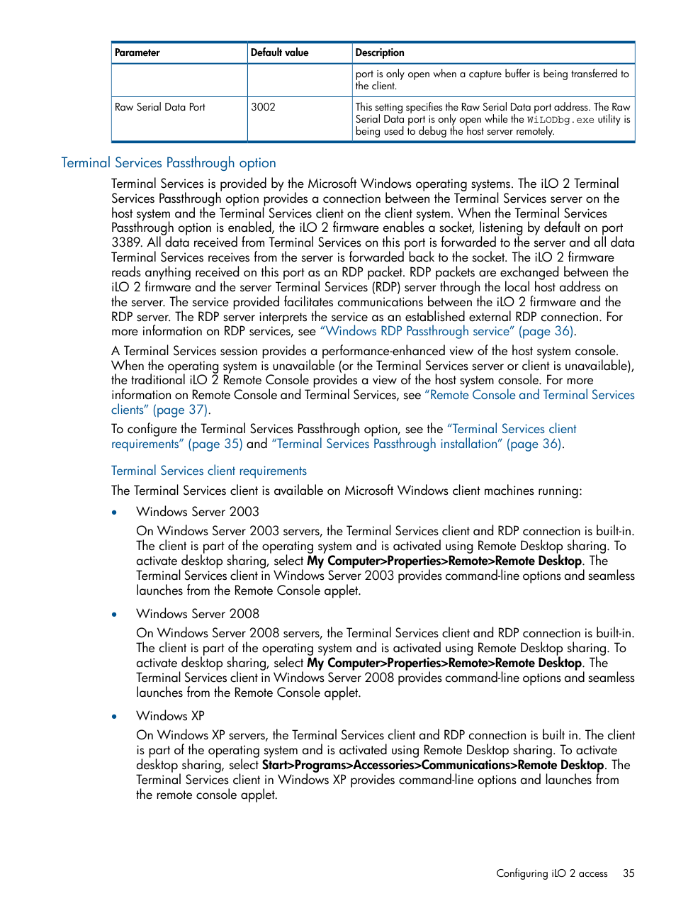 Terminal services passthrough option, Terminal services client requirements | HP Integrated Lights-Out 2 User Manual | Page 35 / 224