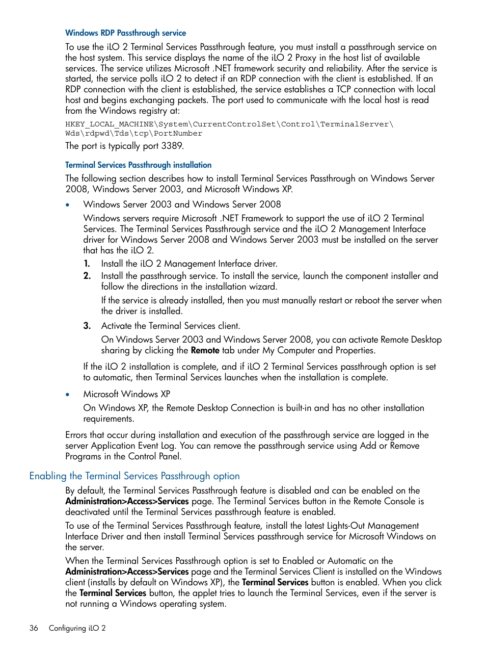 Windows rdp passthrough service, Terminal services passthrough installation, Enabling the terminal services passthrough option | HP Integrated Lights-Out 2 User Manual | Page 36 / 224