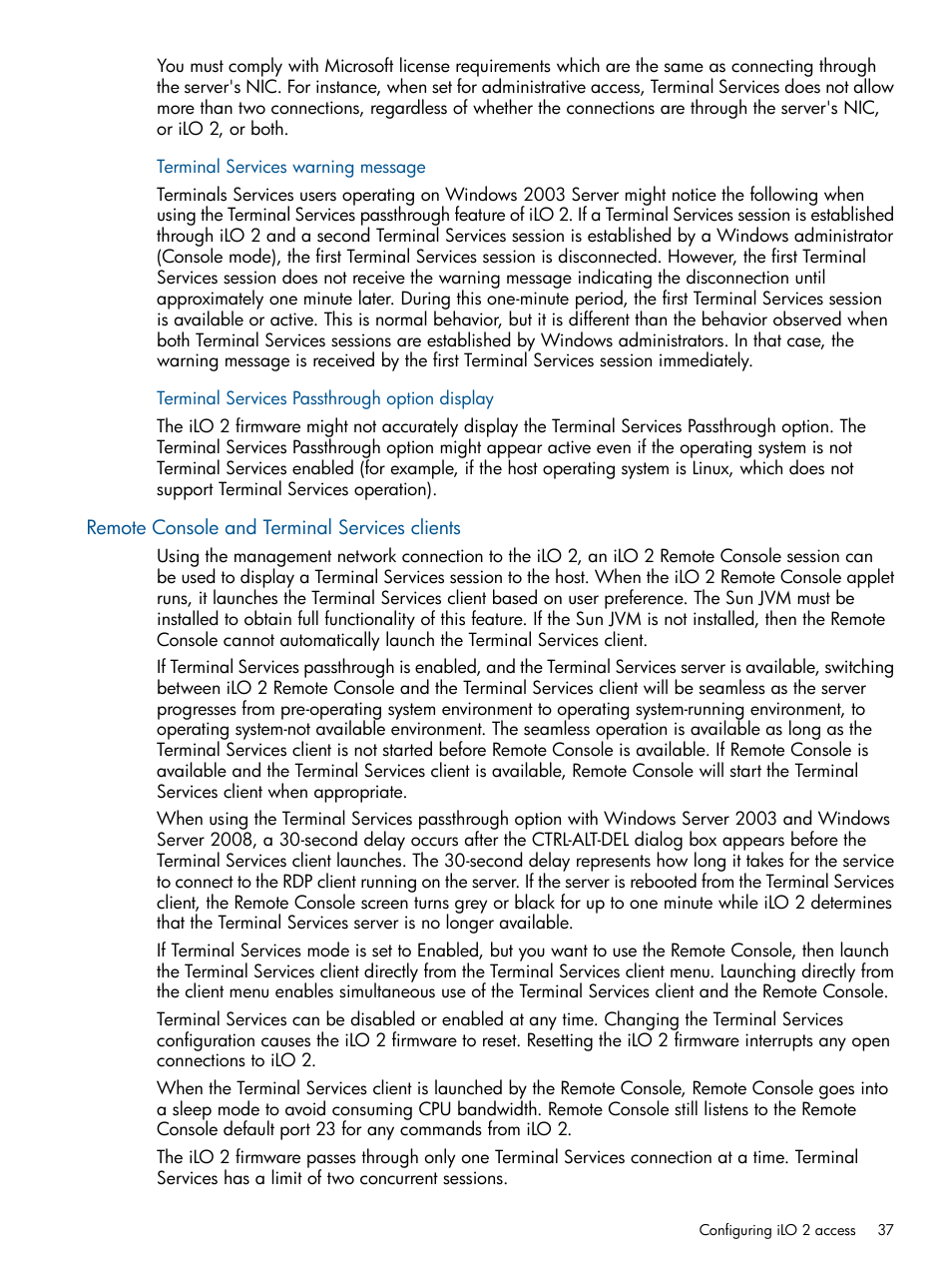 Terminal services warning message, Terminal services passthrough option display, Remote console and terminal services clients | Remote console and terminal services | HP Integrated Lights-Out 2 User Manual | Page 37 / 224