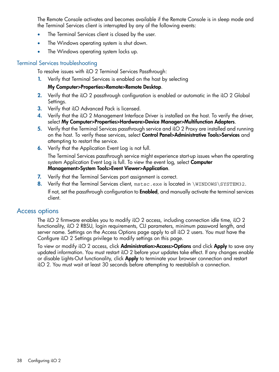 Terminal services troubleshooting, Access options | HP Integrated Lights-Out 2 User Manual | Page 38 / 224