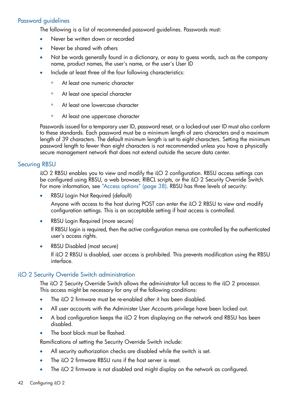 Password guidelines, Securing rbsu, Ilo 2 security override switch administration | Ilo 2 security override | HP Integrated Lights-Out 2 User Manual | Page 42 / 224