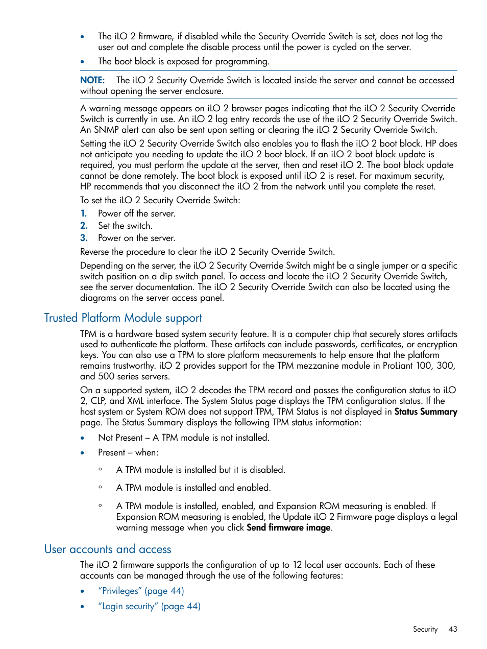 Trusted platform module support, User accounts and access | HP Integrated Lights-Out 2 User Manual | Page 43 / 224