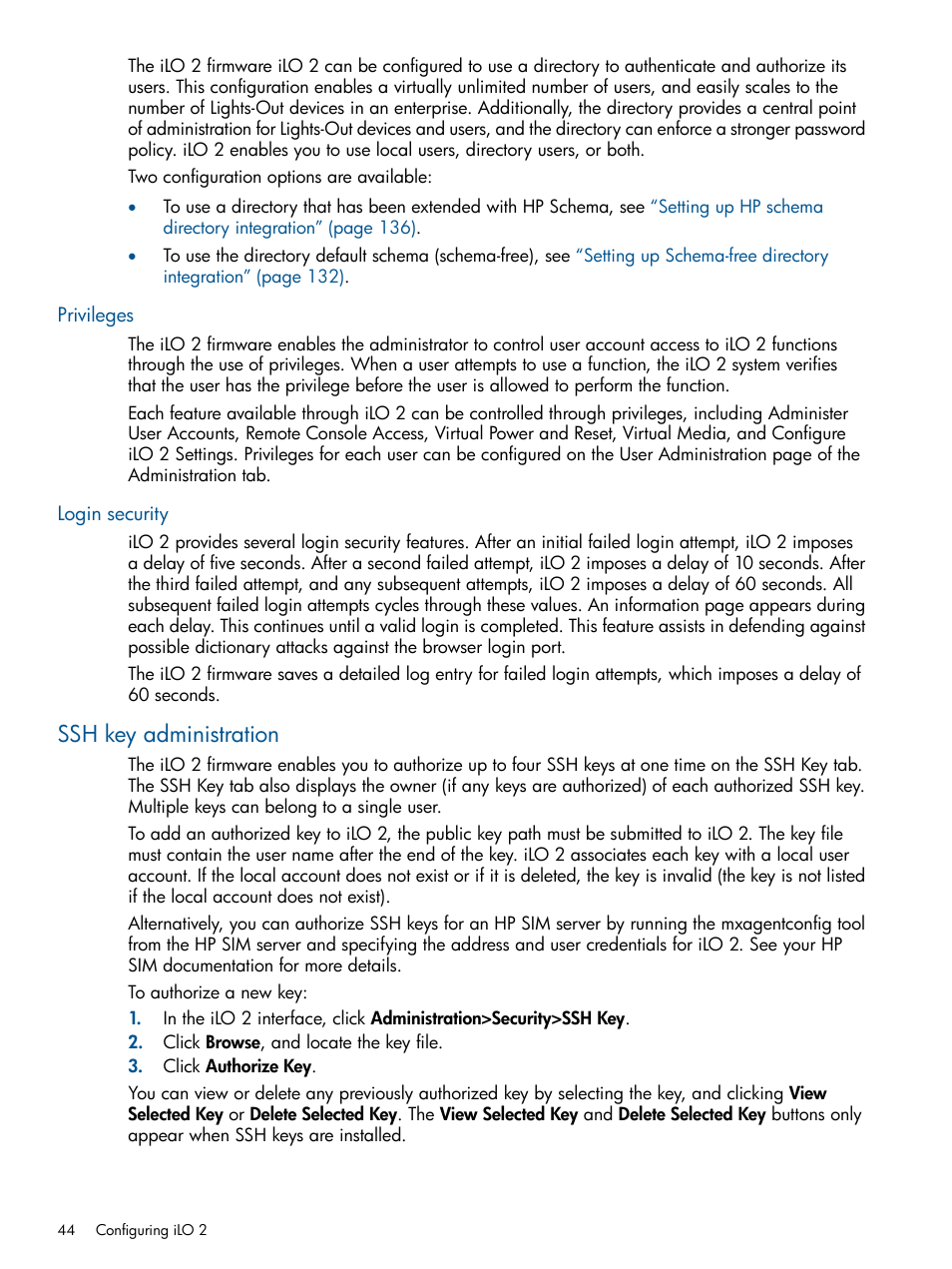 Privileges, Login security, Ssh key administration | Privileges login security | HP Integrated Lights-Out 2 User Manual | Page 44 / 224