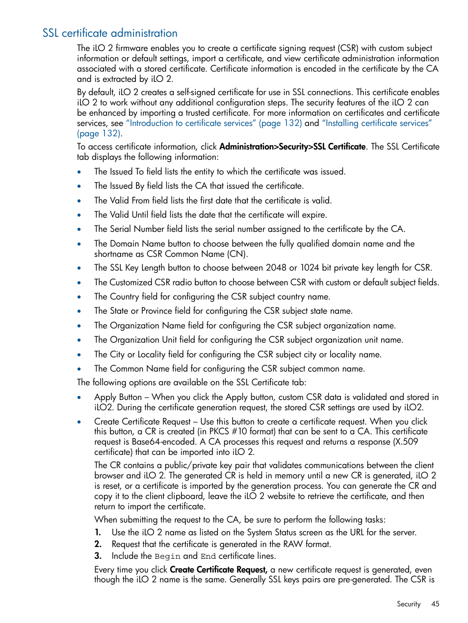 Ssl certificate administration | HP Integrated Lights-Out 2 User Manual | Page 45 / 224