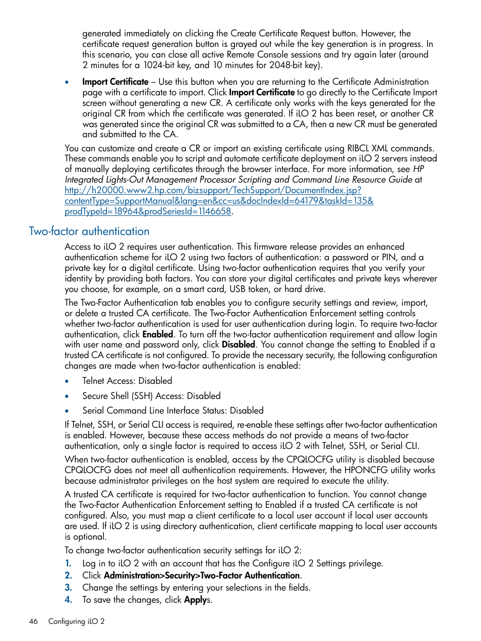 Two-factor authentication | HP Integrated Lights-Out 2 User Manual | Page 46 / 224