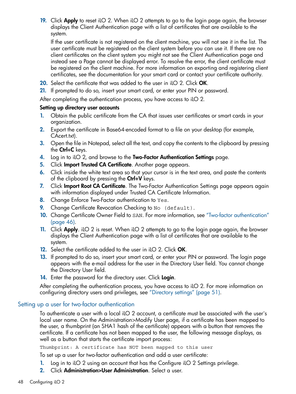 Setting up a user for two-factor authentication | HP Integrated Lights-Out 2 User Manual | Page 48 / 224