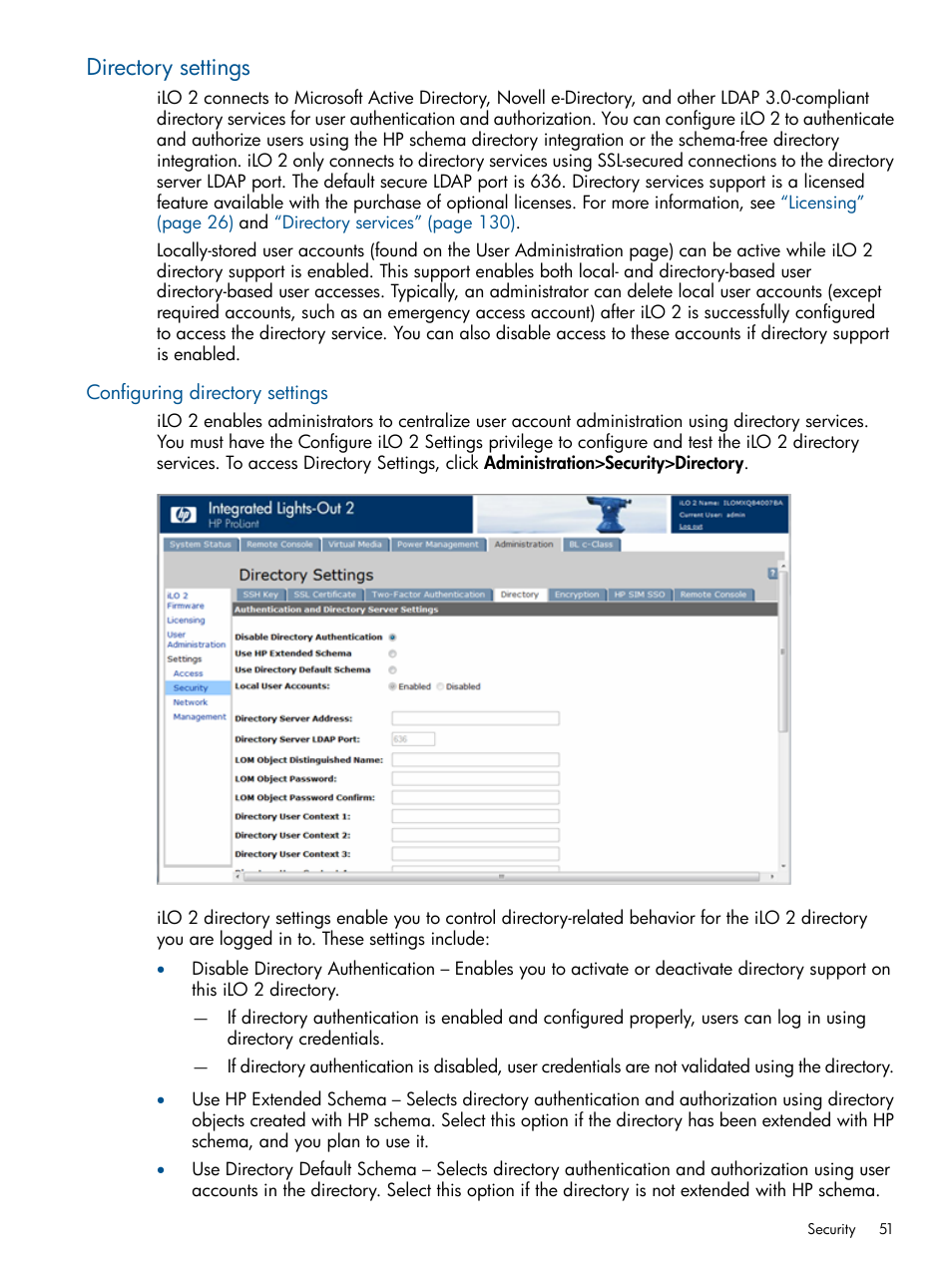 Directory settings, Configuring directory settings | HP Integrated Lights-Out 2 User Manual | Page 51 / 224