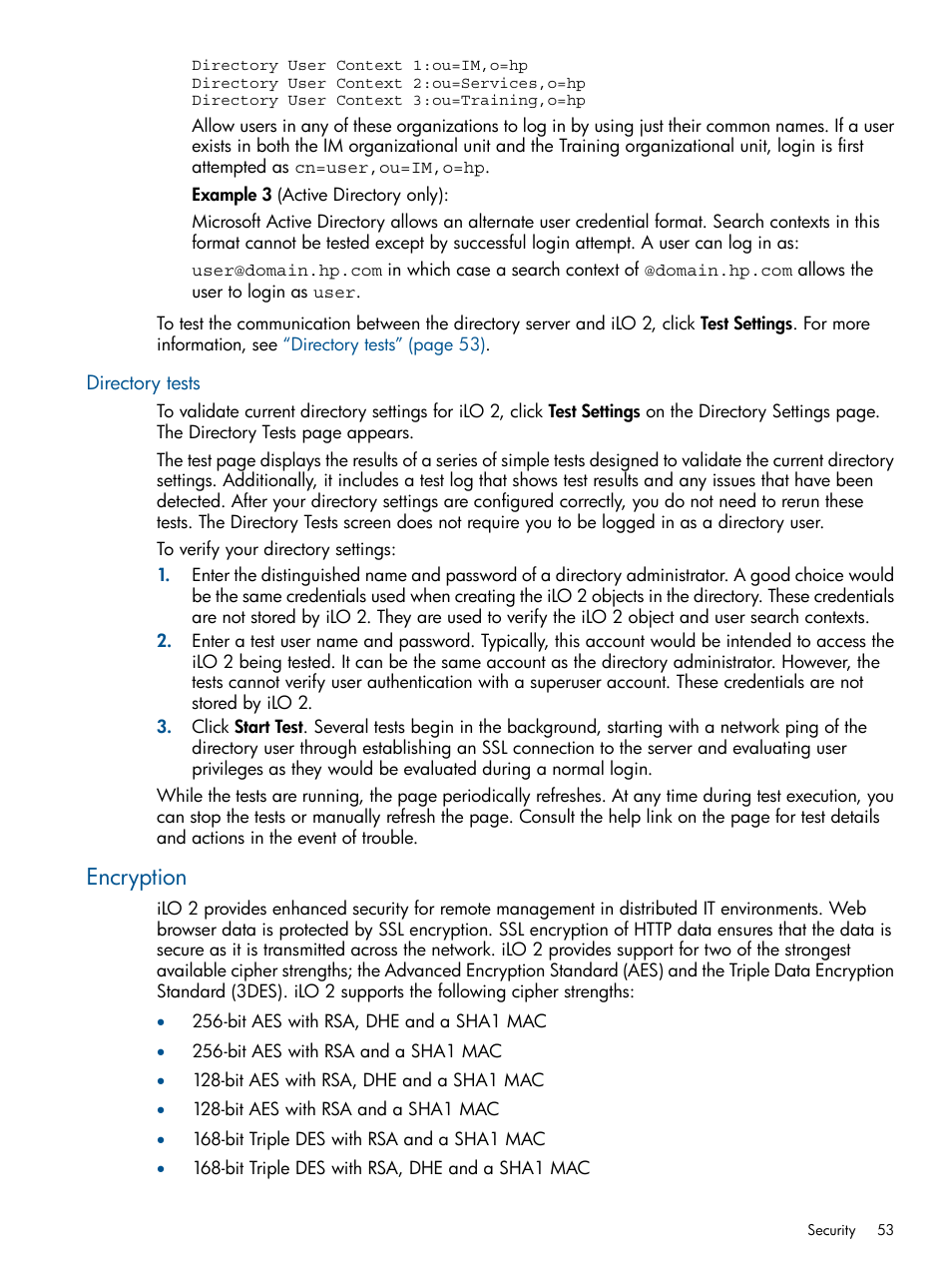 Directory tests, Encryption | HP Integrated Lights-Out 2 User Manual | Page 53 / 224