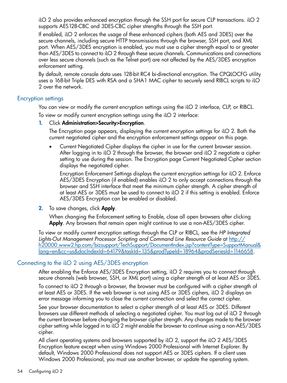 Encryption settings, Connecting to the ilo 2 using aes/3des encryption | HP Integrated Lights-Out 2 User Manual | Page 54 / 224