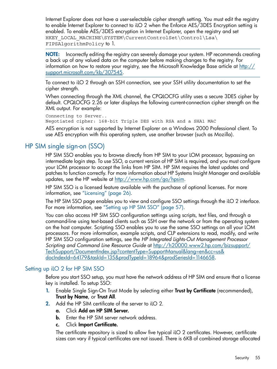 Hp sim single sign-on (sso), Setting up ilo 2 for hp sim sso | HP Integrated Lights-Out 2 User Manual | Page 55 / 224