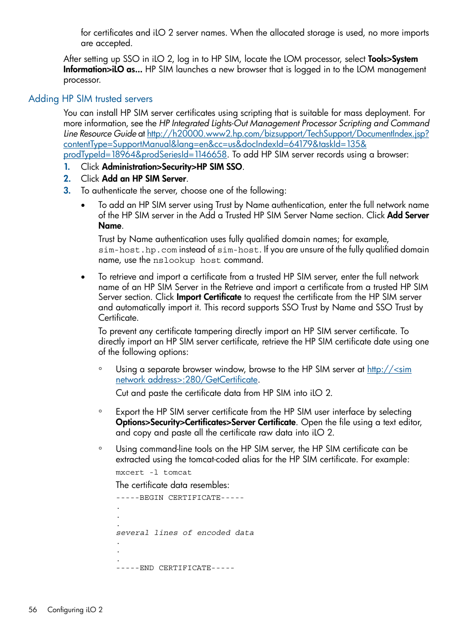 Adding hp sim trusted servers | HP Integrated Lights-Out 2 User Manual | Page 56 / 224