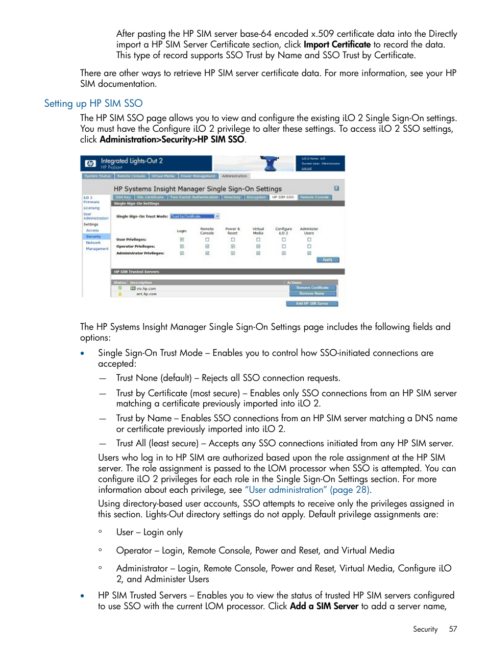 Setting up hp sim sso | HP Integrated Lights-Out 2 User Manual | Page 57 / 224