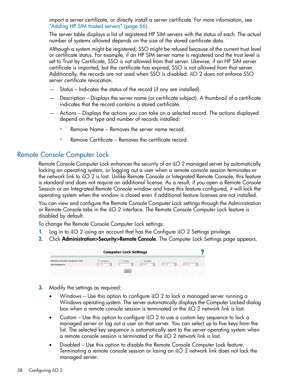 Remote console computer lock | HP Integrated Lights-Out 2 User Manual | Page 58 / 224