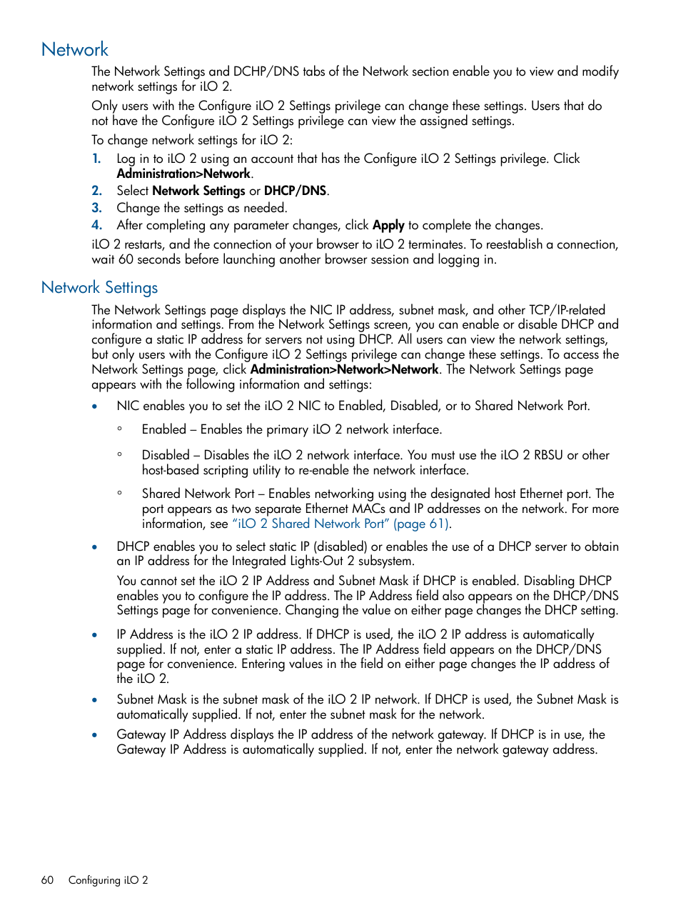 Network, Network settings | HP Integrated Lights-Out 2 User Manual | Page 60 / 224