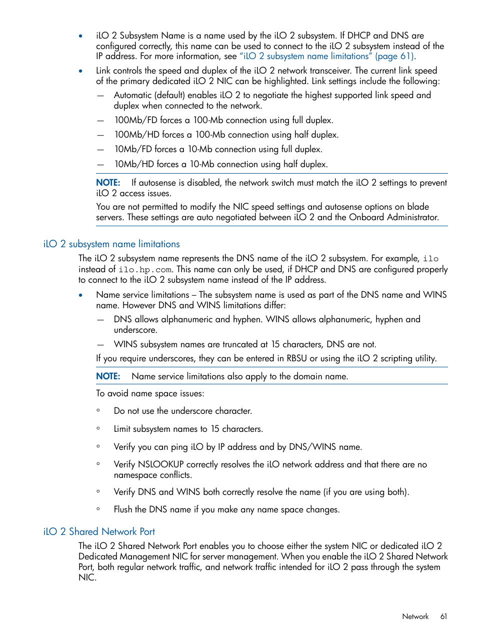 Ilo 2 subsystem name limitations, Ilo 2 shared network port | HP Integrated Lights-Out 2 User Manual | Page 61 / 224