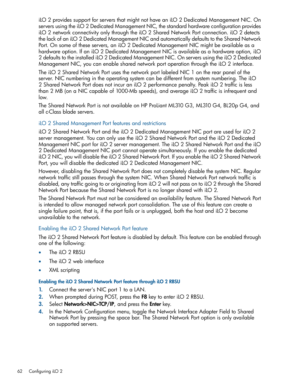 Enabling the ilo 2 shared network port feature | HP Integrated Lights-Out 2 User Manual | Page 62 / 224