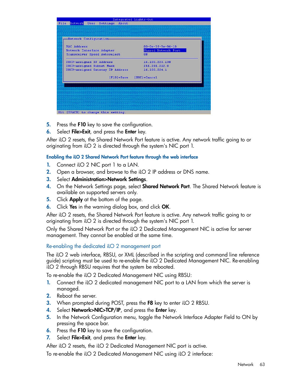 Re-enabling the dedicated ilo 2 management port | HP Integrated Lights-Out 2 User Manual | Page 63 / 224