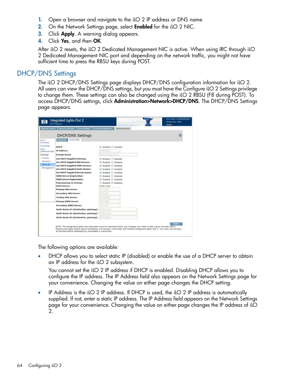 Dhcp/dns settings | HP Integrated Lights-Out 2 User Manual | Page 64 / 224