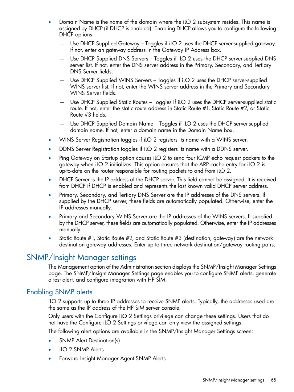 Snmp/insight manager settings, Enabling snmp alerts | HP Integrated Lights-Out 2 User Manual | Page 65 / 224