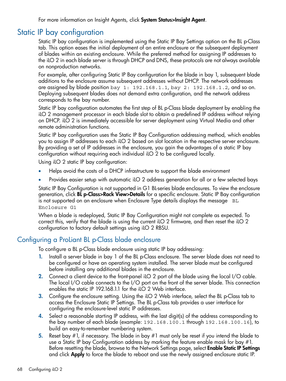 Static ip bay configuration, Configuring a proliant bl p-class blade enclosure | HP Integrated Lights-Out 2 User Manual | Page 68 / 224