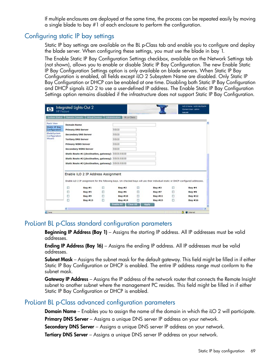 Configuring static ip bay settings | HP Integrated Lights-Out 2 User Manual | Page 69 / 224