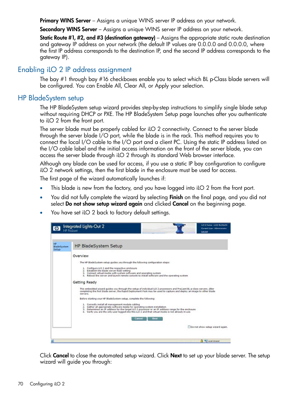 Enabling ilo 2 ip address assignment, Hp bladesystem setup | HP Integrated Lights-Out 2 User Manual | Page 70 / 224